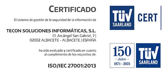 Certificado ISO 27001 - Tecon Soluciones Informáticas